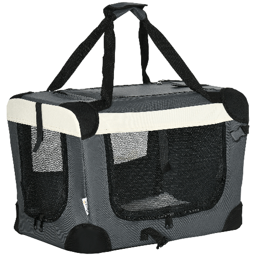 PawHut-Trasportino-per-Cani-Toy-e-Gatti-fino-4kg-Pieghevole-con-3-Aperture-e-Cuscino-50.5x33.5x35cm-Grigio