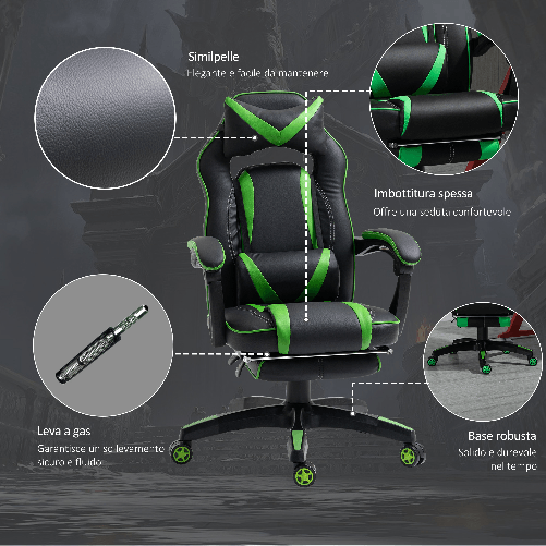 Vinsetto-Sedia-da-Gaming-Economica-Poltrona-Reclinabile-Con-Poggiapiedi-Regolabile-In-Altezza-Rotelle-Tessuto-71.5-×-68-×-114-123.5cm-Verde
