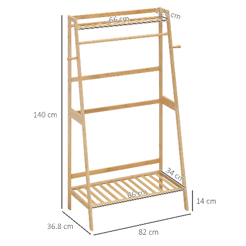 HOMCOM-Appendiabiti-da-Terra-in-Bambu-con-2-Ganci-Laterali-e-2-Ripiani-Inferiori-Aperti-82x36.8x140-cm-color-Legno