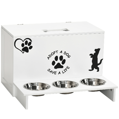 PawHut-Set-3-Ciotole-per-Cani-da-500ml-con-Spazio-a-Scomparsa-e-Supporto-in-MDF-e-Acciaio-Inox-57x53x37.5-cm-Bianco