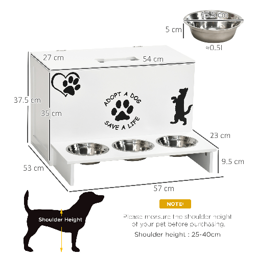 PawHut-Set-3-Ciotole-per-Cani-da-500ml-con-Spazio-a-Scomparsa-e-Supporto-in-MDF-e-Acciaio-Inox-57x53x37.5-cm-Bianco