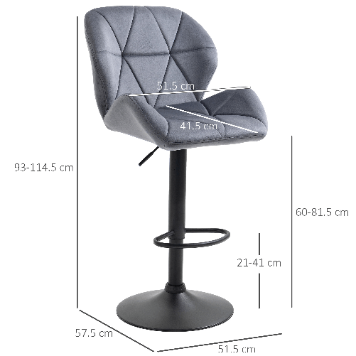 HOMCOM-Set-2-Sgabelli-da-Bar-con-Altezza-Regolabile-Base-in-Metallo-Seduta-in-Velluto-Sgabelli-Cucina-Alti-Girevole-con-Schienale-e-Poggiapiedi-51.5x57.5x93-114.5cm-Grigio