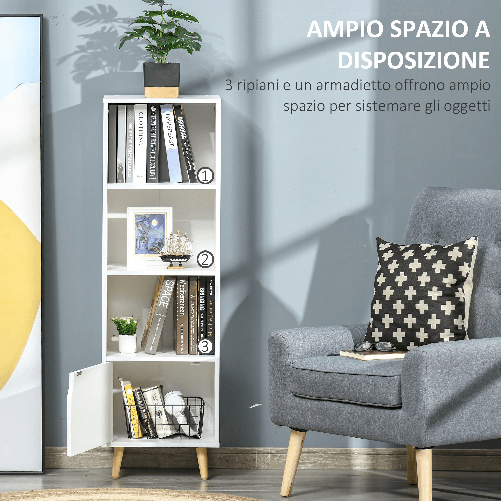 HOMCOM-Scaffale-Libreria-con-3-Ripiani-e-1-Armadietto-in-Legno-40x30x129.5cm---Bianco