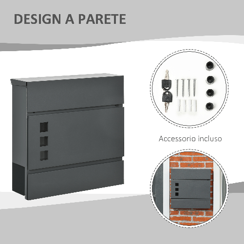 HOMCOM-Cassetta-Postale-in-Acciaio-Zincato-con-3-Fessure-e-2-Chiavi-di-Sicurezza-37x10.5x37-cm-Grigio