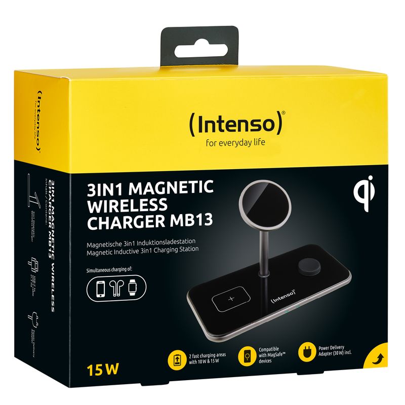 Intenso-Magnetic-Wireless-Charging-Stand-Mb13-3-In-1-Magsafe-Compatibility-Output-15W-Black