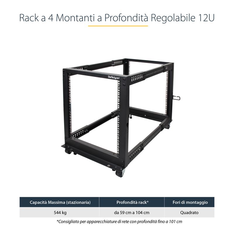 StarTech.com-Armadio-Server-Rack-con-4-staffe-a-Telaio-Aperto-12U-con-profondita--regolabile-da-59-104cm---Rack-per-apparecchiature-di-rete-con-rotelle-livellatori-e-gestione-dei-cavi--4POSTRACK12U-