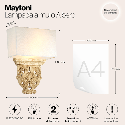 Applique-Da-Parete-Classico-Albero-Metallo-Tortora-Acrilico-2-Luci-E14-40W