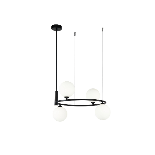 Lampadario-Contemporaneo-Ring-Metallo-Nero-4-Luci-E-Diffusori-Bianchi