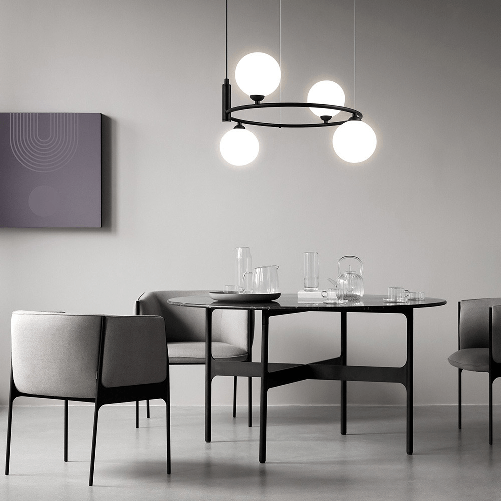 Lampadario-Contemporaneo-Ring-Metallo-Nero-4-Luci-E-Diffusori-Bianchi