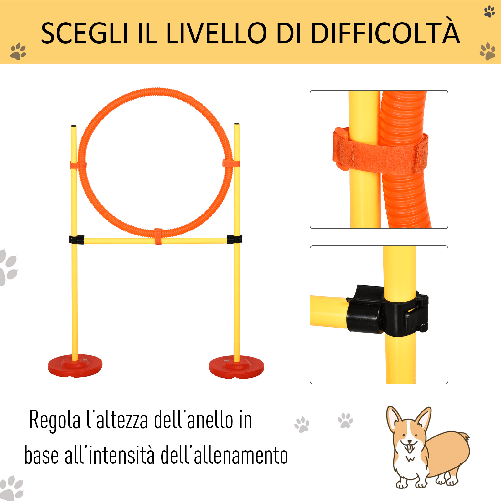 PawHut-Set-Agility-Dog-3-Esercizi--Slalom-Ostacoli-Anello-per-Addestramento-Cani-Portatile-2.5-kg-Giallo-e-Rosso