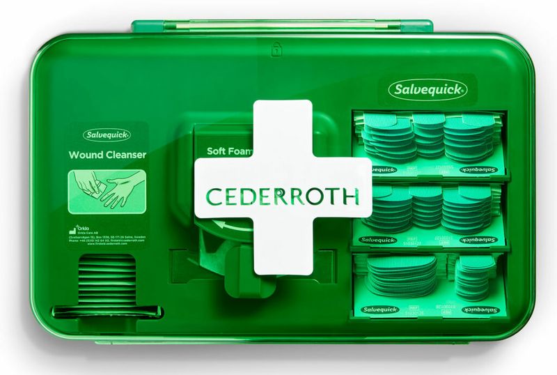 Dispenser-per-la-cura-delle-ferite-Cederroth---Include-diverse-misure-di-medicazioni-blu-salviette-per-ferite-e-bende-autoadesive