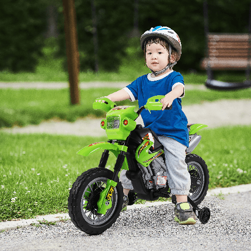 HOMCOM-Moto-Cross-Elettrica-con-Rotelle-Verde-per-Bambini-3-anni-e-piu-Batteria-6V-Velocita-2.5km-h-102-x-53-x-66cm