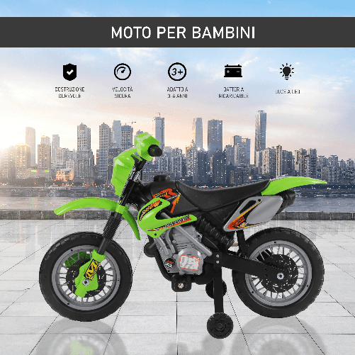 HOMCOM-Moto-Cross-Elettrica-con-Rotelle-Verde-per-Bambini-3-anni-e-piu-Batteria-6V-Velocita-2.5km-h-102-x-53-x-66cm