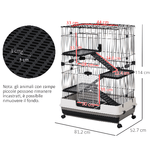 PawHut-Gabbia-a-3-Piani-in-Metallo-con-Vassoio-per-Roditori-Conigli-e-Furetti-con-4-Ruote-81.2x52.7x114cm-Nera