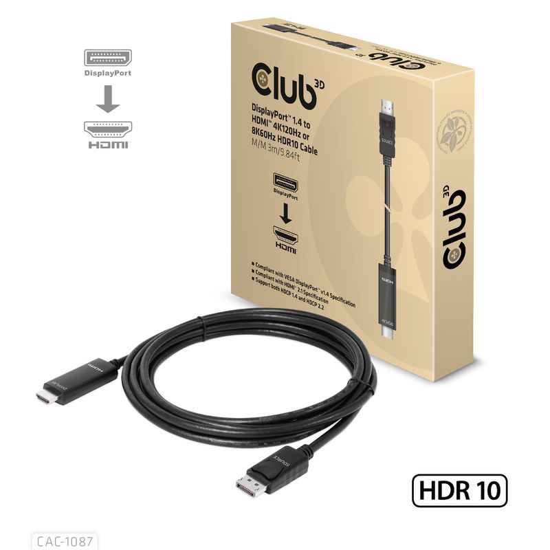 Club3D-Cavo-Displayport-1.4-To-Hdmi-4K144Hz-Or-8K60Hz-Hdr10-3M-M-M