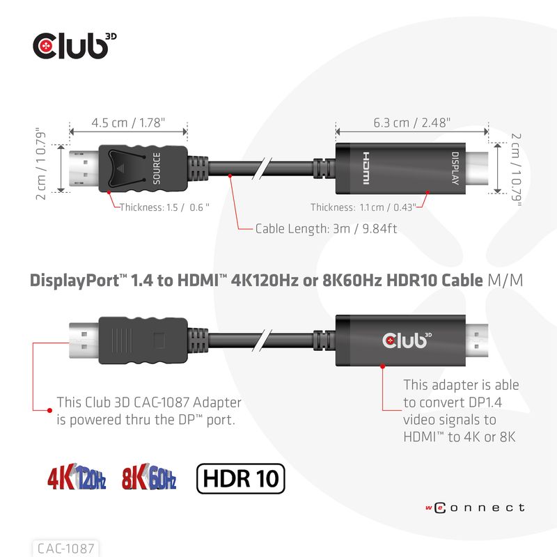 Club3D-Cavo-Displayport-1.4-To-Hdmi-4K144Hz-Or-8K60Hz-Hdr10-3M-M-M