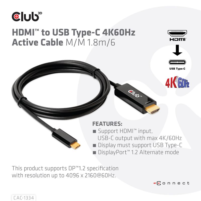 Club3D-Cavo-Hdmi-2.0-To-Usb-C-4K-60Hz-18M-6Ft-M-M