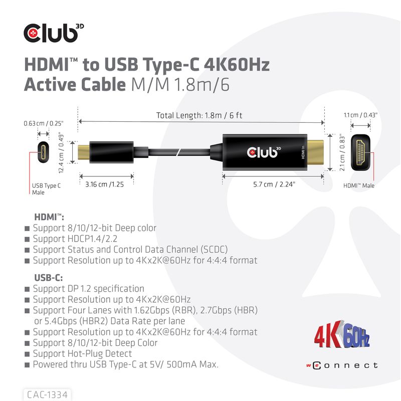 Club3D-Cavo-Hdmi-2.0-To-Usb-C-4K-60Hz-18M-6Ft-M-M