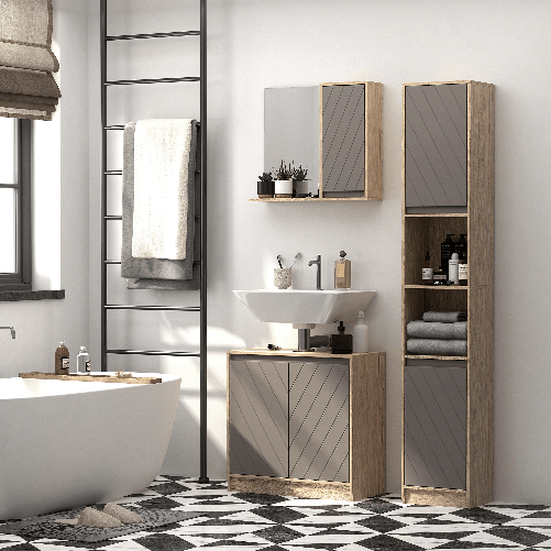 HOMCOM-Armadietto-Pensile-per-il-Bagno-con-Mensola-e-2-Ripiani-Installazione-a-Parete-Grigio-e-Rovere-57-x-14.2-x-49.2cm