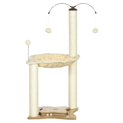 PawHut-Albero-Tiragraffi-per-Gatti-max-5kg-con-Amaca-Palline-da-Gioco-e-Pali-in-Sisal-53.5x53.5x90-cm-Beige