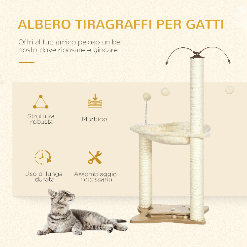 PawHut-Albero-Tiragraffi-per-Gatti-max-5kg-con-Amaca-Palline-da-Gioco-e-Pali-in-Sisal-53.5x53.5x90-cm-Beige