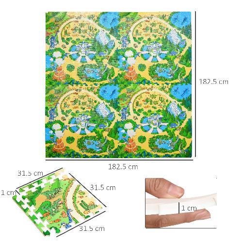 HOMCOM-Tappeto-Puzzle-per-Bambini-36-Pezzi-con-24-Bordi-in-Schiuma-EVA-Antiscivolo-Area-Coperta-3.24㎡-Fantasia-con-Natura-e-Dinosauri