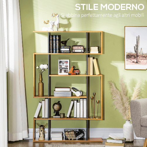 HOMCOM-Libreria-Moderna-a-5-Livelli-con-13-Ripiani-Aperti-in-Truciolato-95x25x150.5-cm-Grigia-e-color-Legno