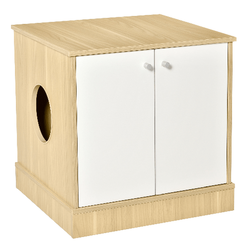 PawHut-Mobile-Lettiera-per-Gatti-con-2-Ante-e-Ripiano-Interno-Estraibile-in-Legno-60x55x62.5cm---Legno-Bianco