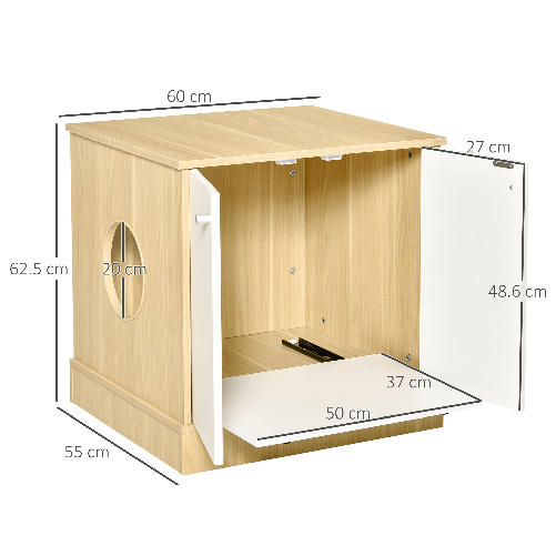 PawHut-Mobile-Lettiera-per-Gatti-con-2-Ante-e-Ripiano-Interno-Estraibile-in-Legno-60x55x62.5cm---Legno-Bianco