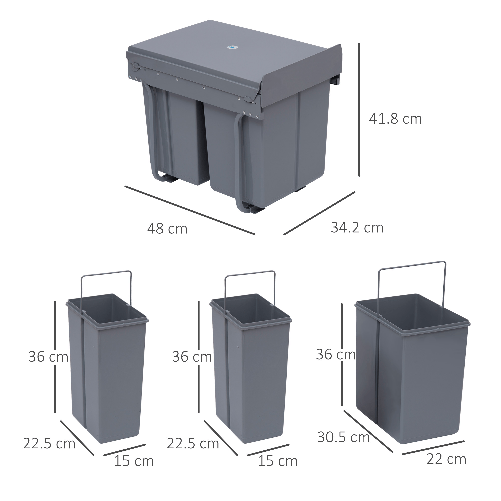 HOMCOM-Pattumiera-Estraibile-con-3-Contenitori-per-Raccolta-Differenziata-Capacita-Totale-40L-48x34.2x41.8cm-Grigio