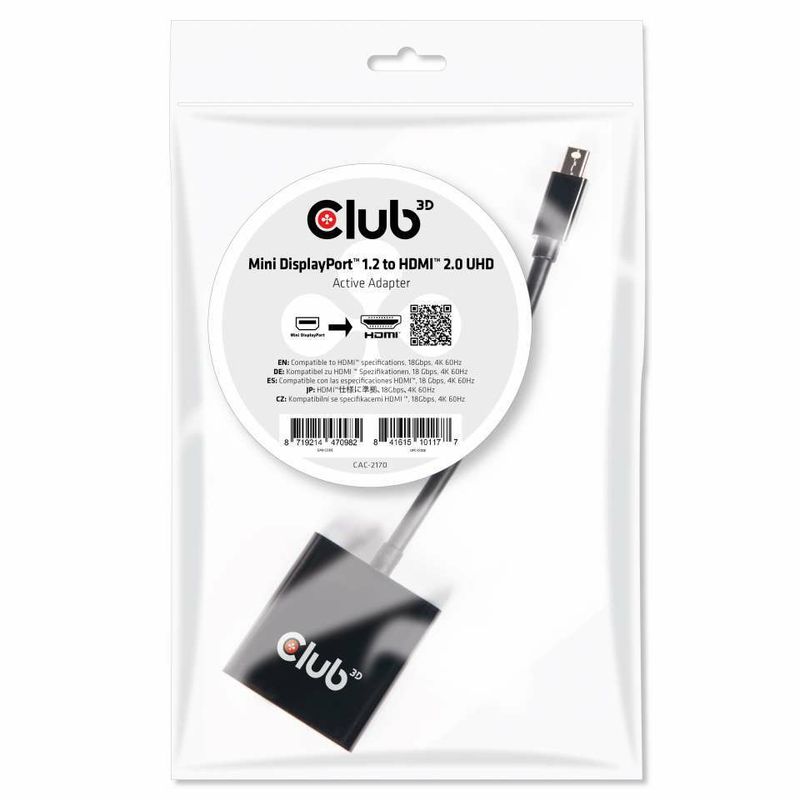 Club3D-Adattatore-Mini-Displayport-1.2-Male-To-Hdmi-2.0-Female-4K-60Hz-Uhd-3D-Active