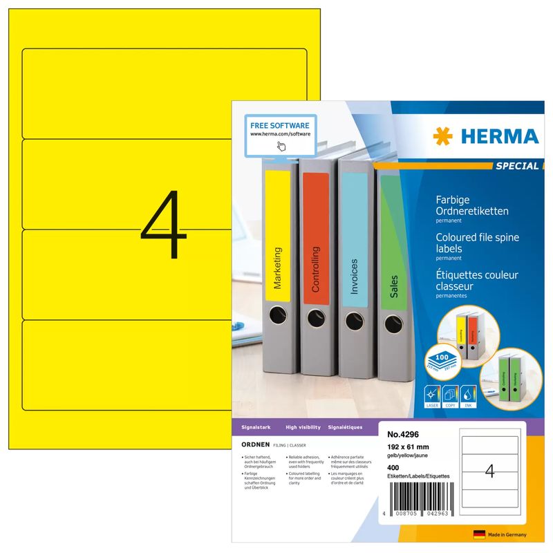 HERMA-SuperPrint---Aktenetiketten--File-Folder-Labels----Gelb---61-x-192-mm---400-Stck.--100-Bogen-x-4---4296-