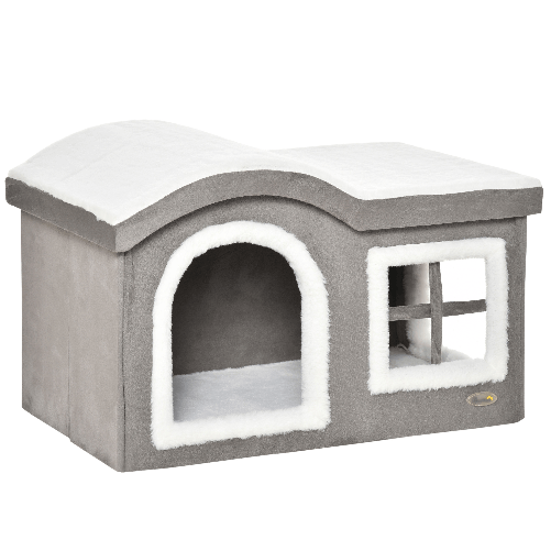 Pawhut-Casetta-per-Gatti-da-Interno-con-2-Entrate-e-Finestra-Cuscino-e-Base-Antiscivolo-63.5x37x40cm---Bianco-Grigio