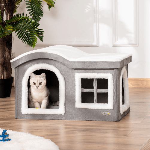 Pawhut-Casetta-per-Gatti-da-Interno-con-2-Entrate-e-Finestra-Cuscino-e-Base-Antiscivolo-63.5x37x40cm---Bianco-Grigio