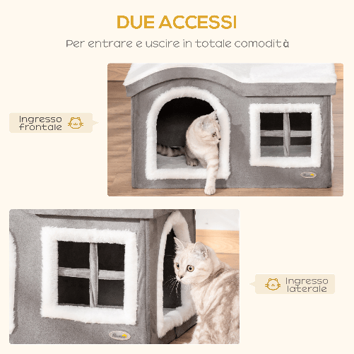 Pawhut-Casetta-per-Gatti-da-Interno-con-2-Entrate-e-Finestra-Cuscino-e-Base-Antiscivolo-63.5x37x40cm---Bianco-Grigio