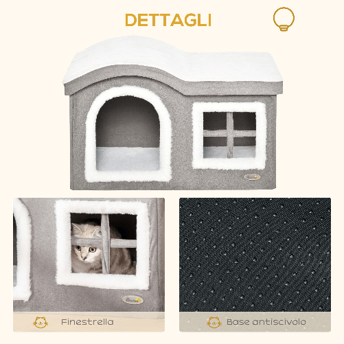 Pawhut-Casetta-per-Gatti-da-Interno-con-2-Entrate-e-Finestra-Cuscino-e-Base-Antiscivolo-63.5x37x40cm---Bianco-Grigio