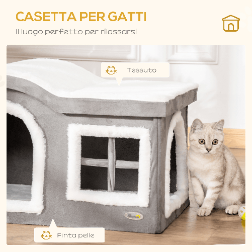 Pawhut-Casetta-per-Gatti-da-Interno-con-2-Entrate-e-Finestra-Cuscino-e-Base-Antiscivolo-63.5x37x40cm---Bianco-Grigio