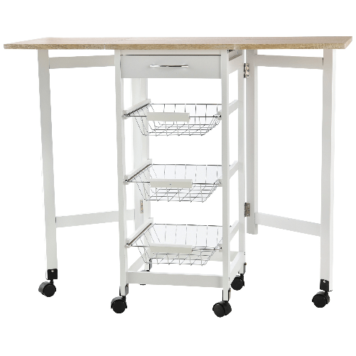 HOMCOM Carrello da Cucina con 3 Cestini, Cassetto e Ribalte, 6 Ruote Girevoli, in MDF e Metallo, 37x37x77.5cm, Bianco e Legno