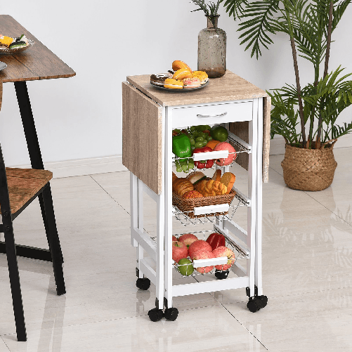 HOMCOM-Carrello-da-Cucina-con-3-Cestini-Cassetto-e-Ribalte-6-Ruote-Girevoli-in-MDF-e-Metallo-37x37x77.5cm-Bianco-e-Legno