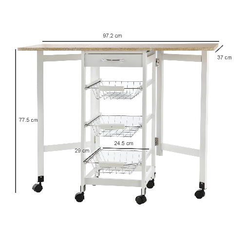 HOMCOM-Carrello-da-Cucina-con-3-Cestini-Cassetto-e-Ribalte-6-Ruote-Girevoli-in-MDF-e-Metallo-37x37x77.5cm-Bianco-e-Legno