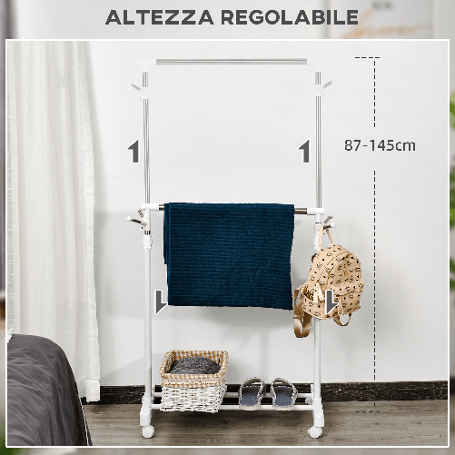 HOMCOM-Appendiabiti-Stender-ad-Altezza-Regolabile-con-Fondo-Portaoggetti-e-4-Ruote-68.5x42x87-145-cm