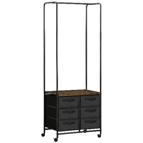 HOMCOM-Appendiabiti-da-Terra-con-Mobile-da-6-Cassetti-in-Tessuto-e-Ripiano-Aperto-63.5x40x172.5-cm-Nero-e-Marrone