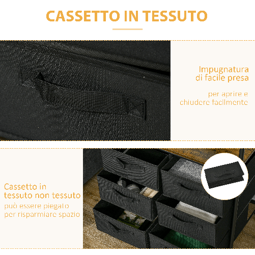 HOMCOM-Appendiabiti-da-Terra-con-Mobile-da-6-Cassetti-in-Tessuto-e-Ripiano-Aperto-63.5x40x172.5-cm-Nero-e-Marrone