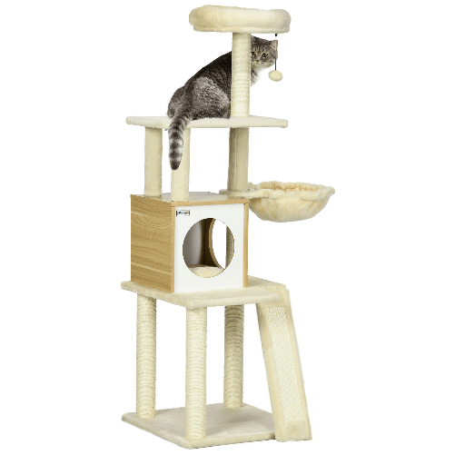 PawHut-Albero-per-Gatti-con-Casetta-Tiragraffi-per-Gatti-Posatoio-e-Paletto-48.5x48.5x141.5-cm-Beige