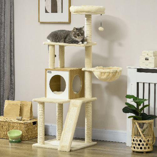 PawHut-Albero-per-Gatti-con-Casetta-Tiragraffi-per-Gatti-Posatoio-e-Paletto-48.5x48.5x141.5-cm-Beige