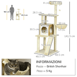 PawHut-Albero-per-Gatti-con-Casetta-Tiragraffi-per-Gatti-Posatoio-e-Paletto-48.5x48.5x141.5-cm-Beige