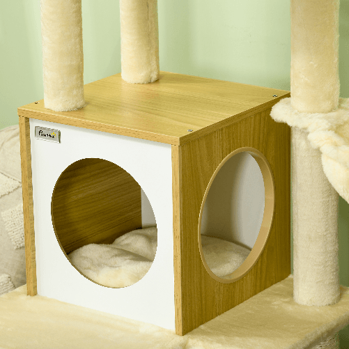 PawHut-Albero-per-Gatti-con-Casetta-Tiragraffi-per-Gatti-Posatoio-e-Paletto-48.5x48.5x141.5-cm-Beige