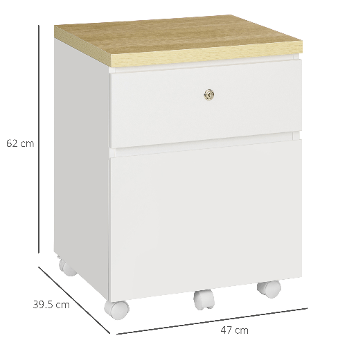 Vinsetto-Mobile-per-Ufficio-con-2-Cassetti-Portadocumenti-Serratura-e-5-Ruote-47x39.5x62cm-Bianco