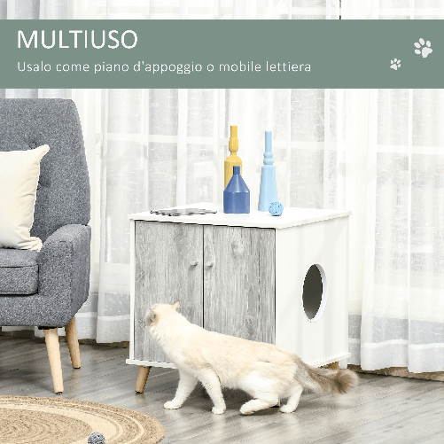 PawHut-Mobile-Lettiera-per-Gatti-Fino-5.5kg-con-Foro-d-Ingresso-Laterale-60x55x62.5cm---Bianco-e-Grigio