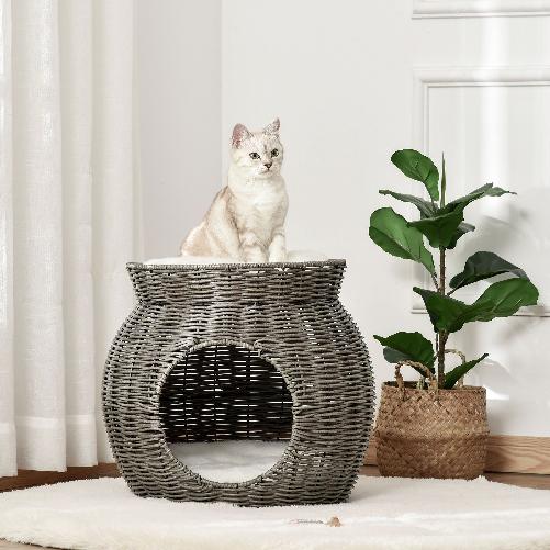 PawHut-Cesta-per-Gatti-a-2-Livelli-in-Rattan-PE-con-Cuscini-Lavabili-in-Peluche-Φ50x43.5cm---Grigio-Scuro